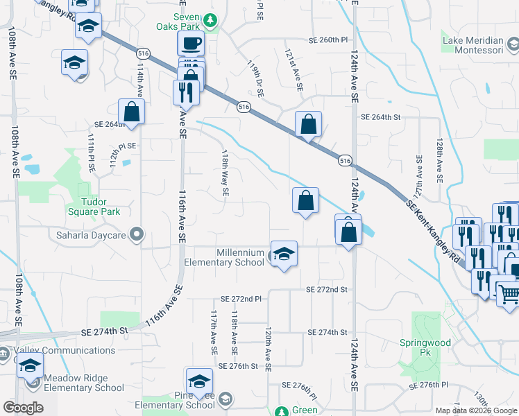 map of restaurants, bars, coffee shops, grocery stores, and more near 26812 119th Avenue Southeast in Kent