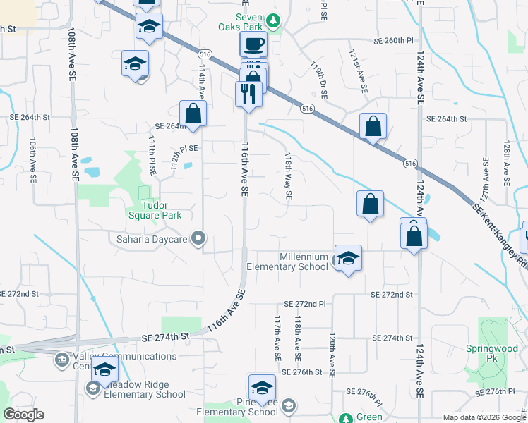 map of restaurants, bars, coffee shops, grocery stores, and more near 11625 Southeast 269th Street in Kent