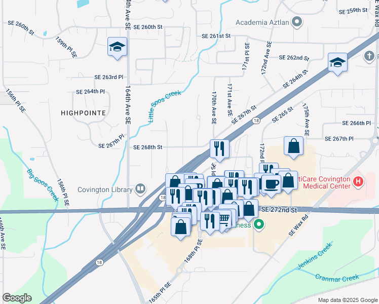 map of restaurants, bars, coffee shops, grocery stores, and more near 16711 Southeast 268th Street in Covington