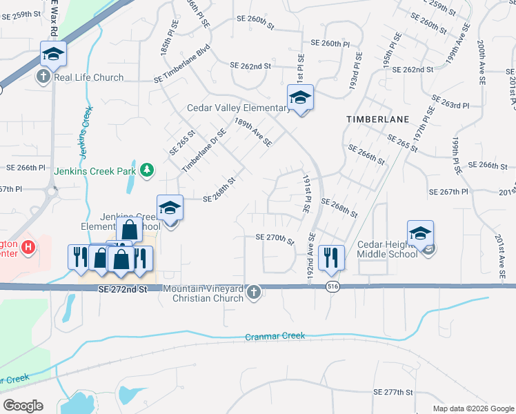 map of restaurants, bars, coffee shops, grocery stores, and more near 18856 Southeast 269th Street in Covington