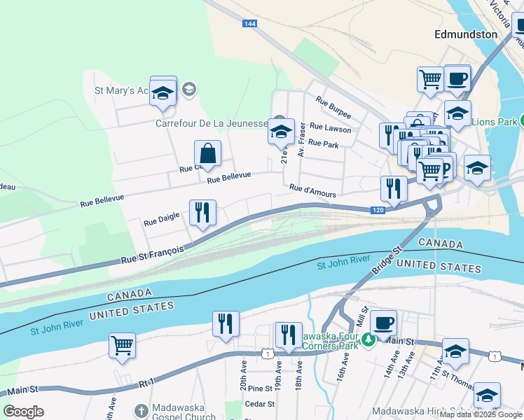 map of restaurants, bars, coffee shops, grocery stores, and more near 253 Rue Saint François in Edmundston