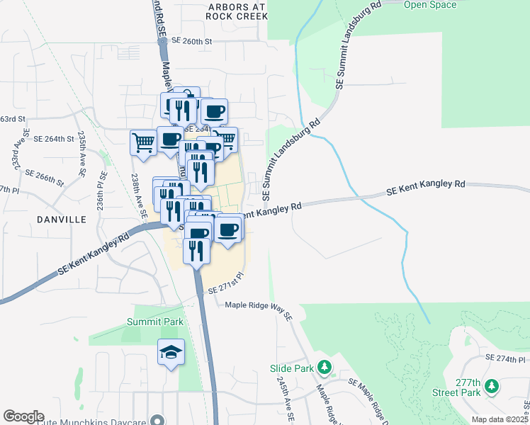 map of restaurants, bars, coffee shops, grocery stores, and more near SE Kent Kangley Rd in Maple Valley