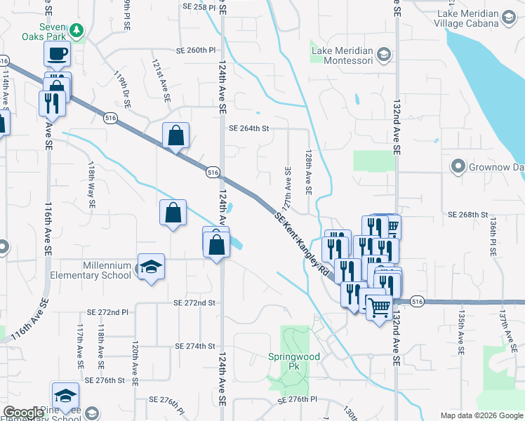 map of restaurants, bars, coffee shops, grocery stores, and more near 12536 Southeast Kent-Kangley Road in Kent