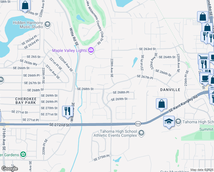 map of restaurants, bars, coffee shops, grocery stores, and more near 22747 Southeast 266th Street in Maple Valley