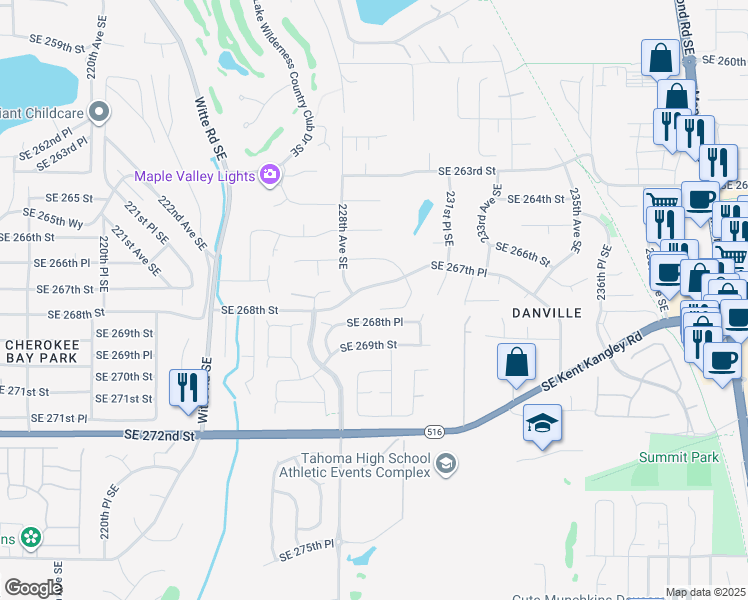 map of restaurants, bars, coffee shops, grocery stores, and more near 22906 Southeast 267th Place in Maple Valley