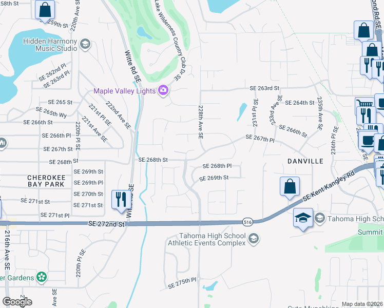 map of restaurants, bars, coffee shops, grocery stores, and more near 22747 Southeast 266th Street in Maple Valley