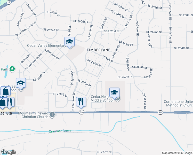 map of restaurants, bars, coffee shops, grocery stores, and more near 19456 Southeast 267th Street in Covington