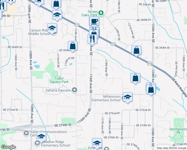 map of restaurants, bars, coffee shops, grocery stores, and more near 26706 115th Avenue Southeast in Kent