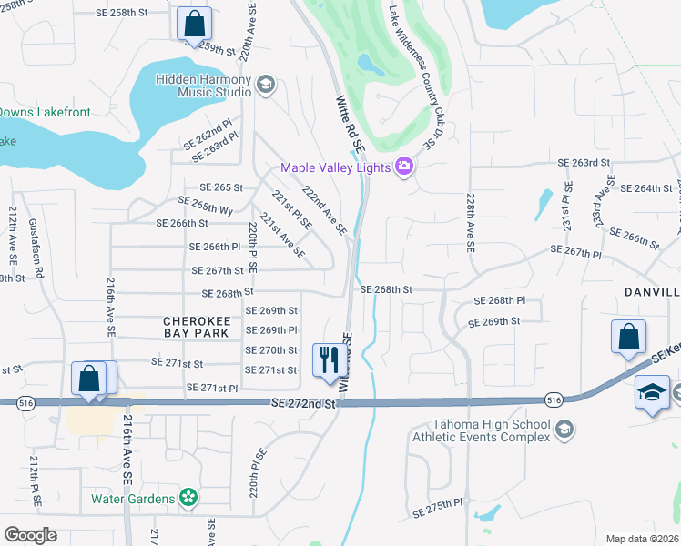 map of restaurants, bars, coffee shops, grocery stores, and more near 22407 Southeast 267th Street in Maple Valley