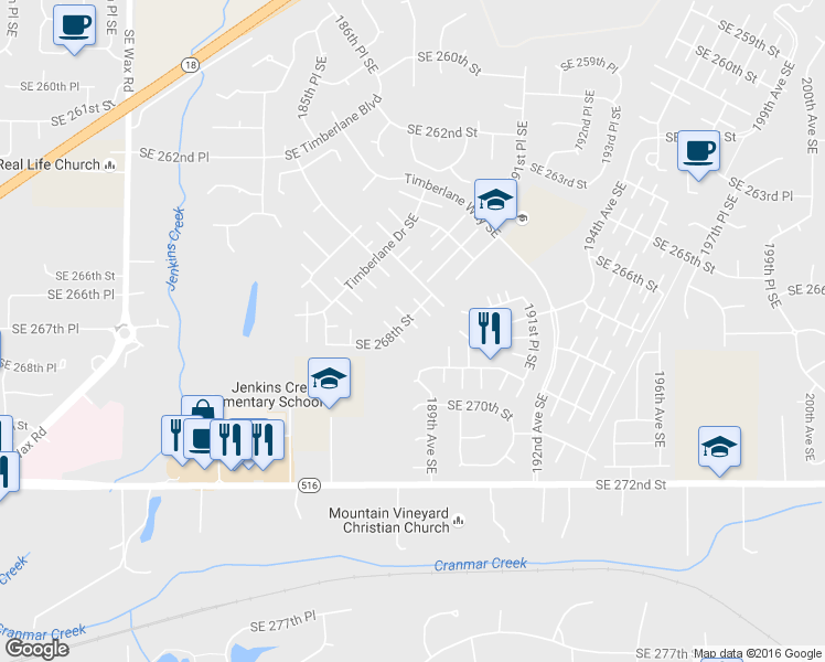 map of restaurants, bars, coffee shops, grocery stores, and more near 18730 Southeast 268th Street in Covington