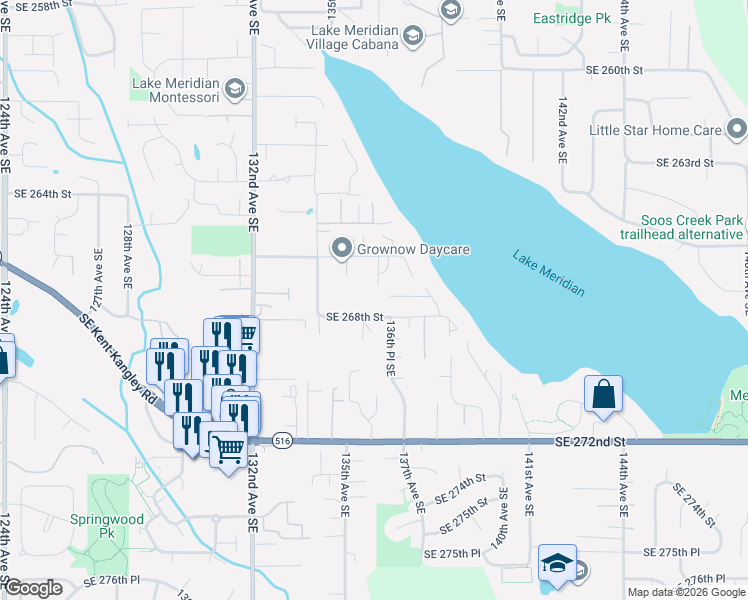 map of restaurants, bars, coffee shops, grocery stores, and more near 26636 136th Avenue Southeast in Kent