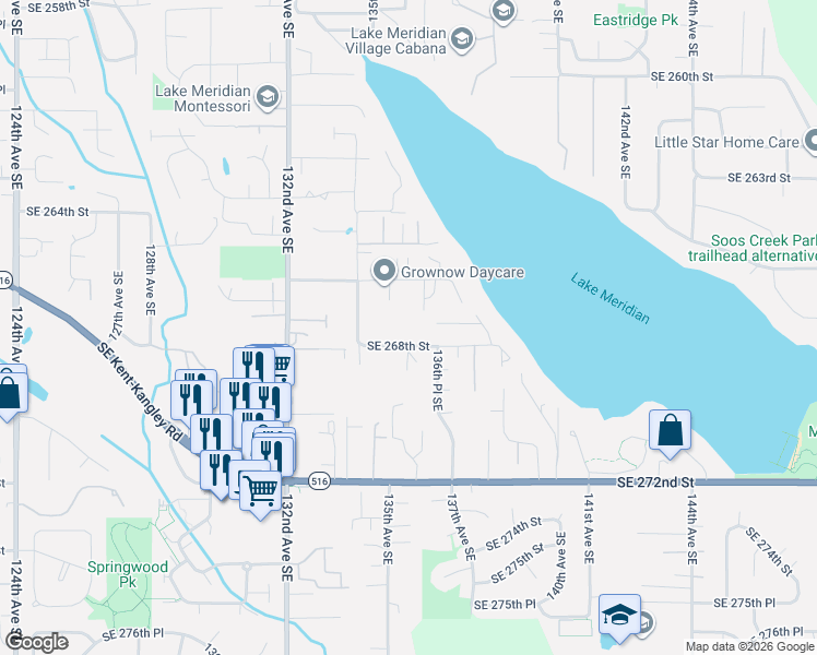 map of restaurants, bars, coffee shops, grocery stores, and more near 26636 136th Avenue Southeast in Kent