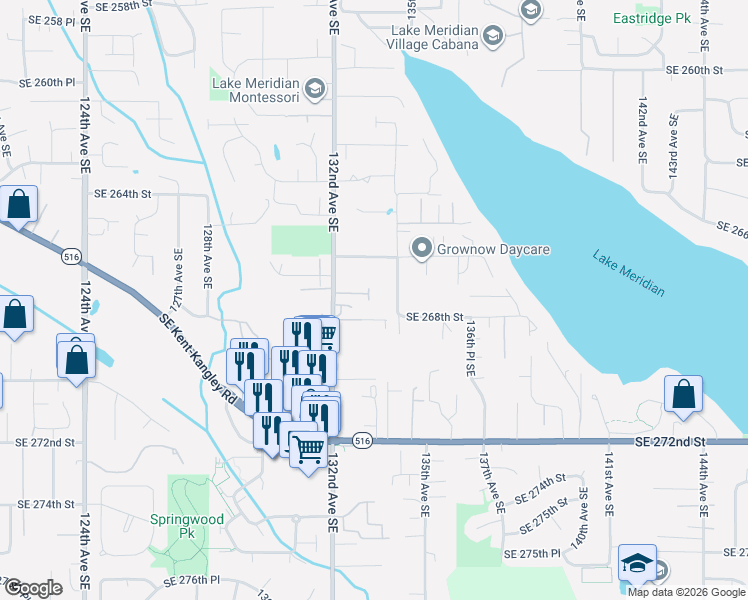 map of restaurants, bars, coffee shops, grocery stores, and more near 26629 134th Avenue Southeast in Kent
