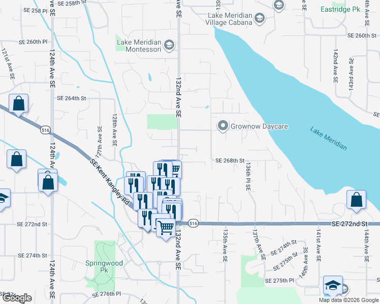 map of restaurants, bars, coffee shops, grocery stores, and more near 26704 132nd Avenue Southeast in Kent