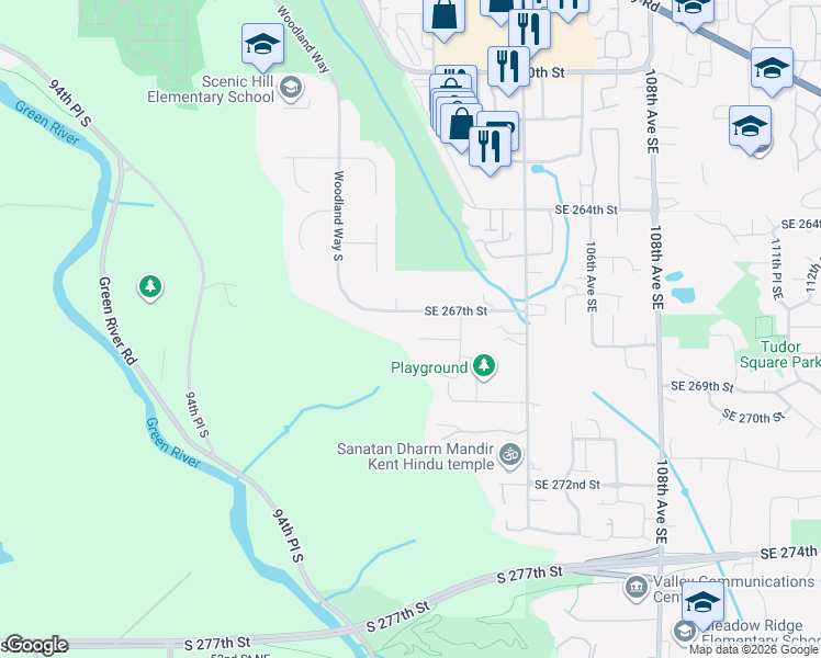 map of restaurants, bars, coffee shops, grocery stores, and more near 10025 Southeast 267th Street in Kent