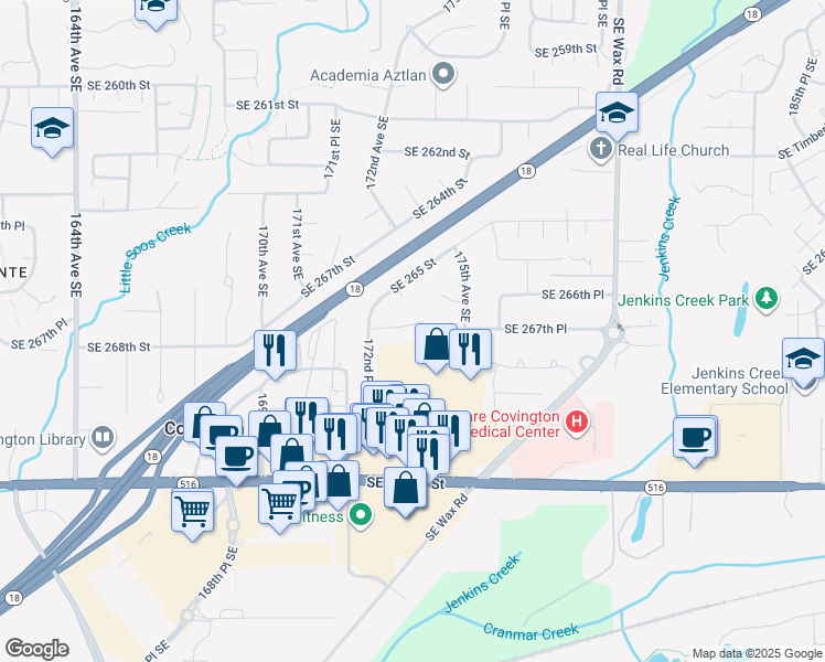 map of restaurants, bars, coffee shops, grocery stores, and more near 17235 Southeast 267th Place in Covington