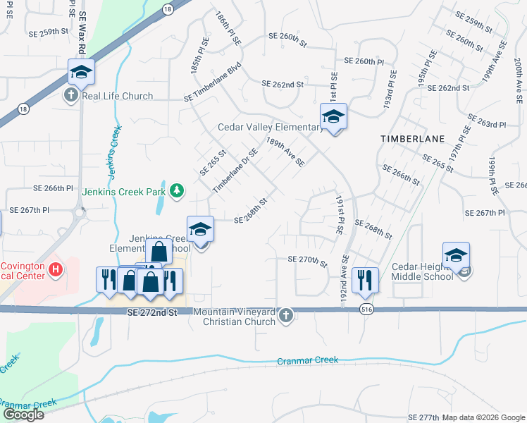 map of restaurants, bars, coffee shops, grocery stores, and more near 18719 Southeast 268th Street in Covington