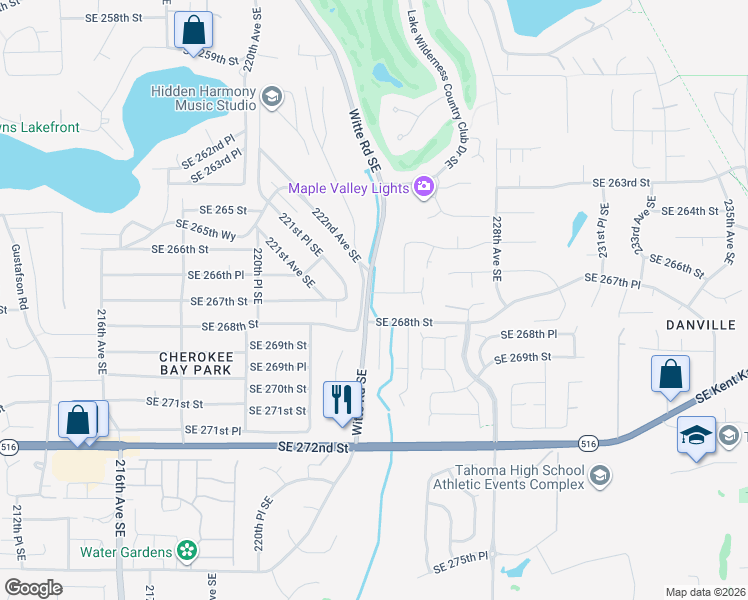 map of restaurants, bars, coffee shops, grocery stores, and more near 22407 Southeast 267th Street in Maple Valley