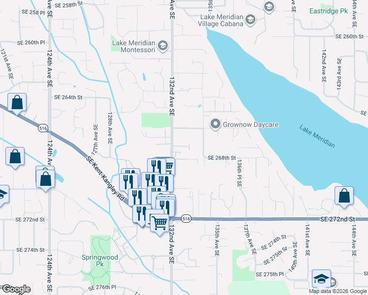 map of restaurants, bars, coffee shops, grocery stores, and more near 26704 132nd Avenue Southeast in Kent