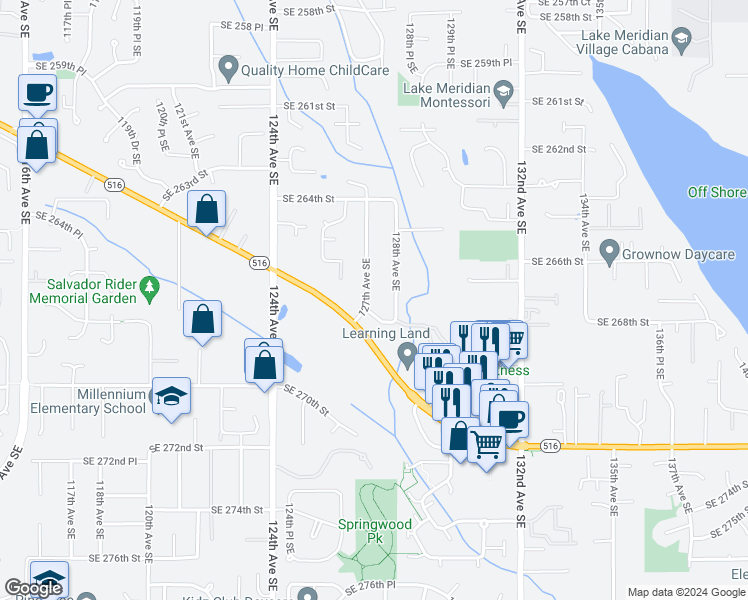 map of restaurants, bars, coffee shops, grocery stores, and more near 26638 127th Avenue Southeast in Kent