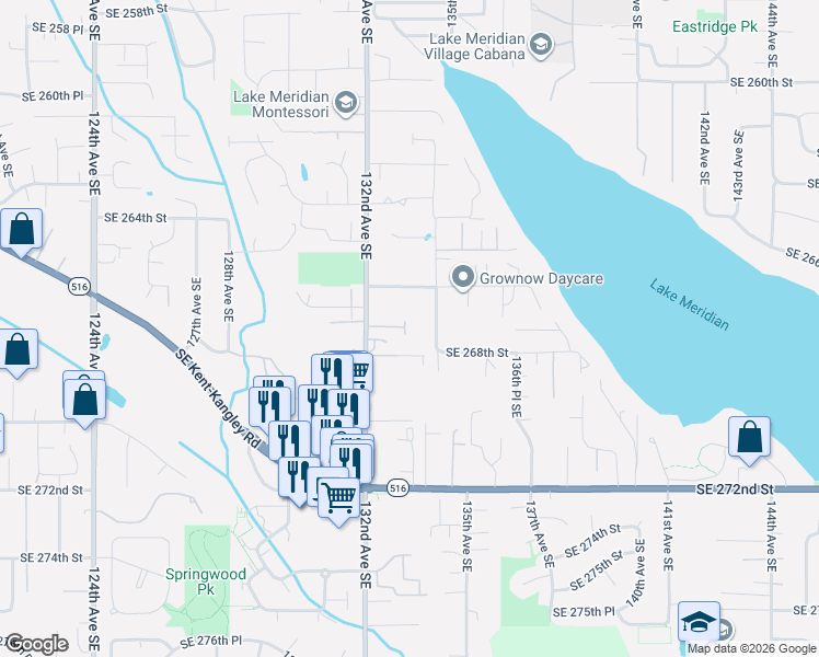map of restaurants, bars, coffee shops, grocery stores, and more near 26704 132nd Avenue Southeast in Kent