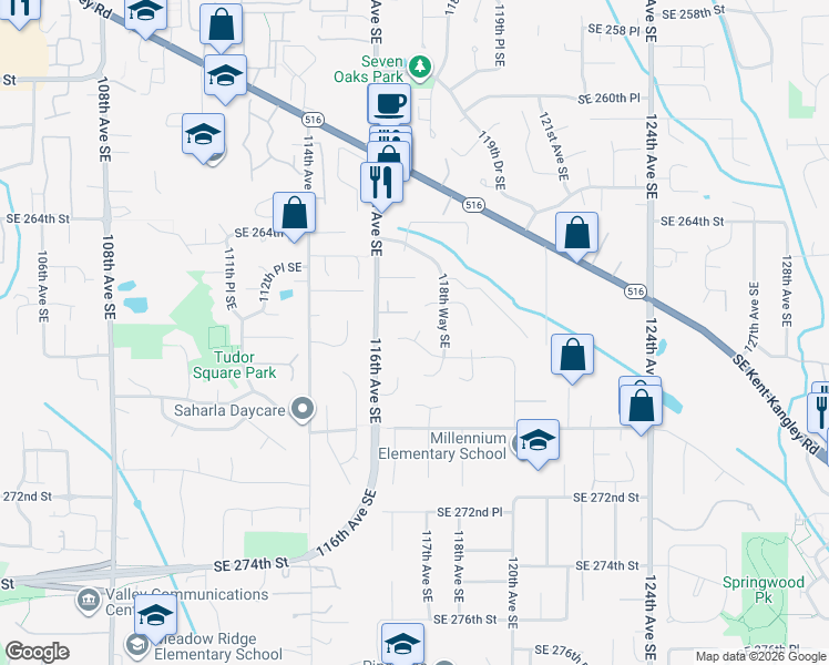 map of restaurants, bars, coffee shops, grocery stores, and more near 11631 Southeast 266th Place in Kent