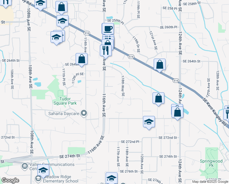 map of restaurants, bars, coffee shops, grocery stores, and more near 11631 Southeast 266th Place in Kent