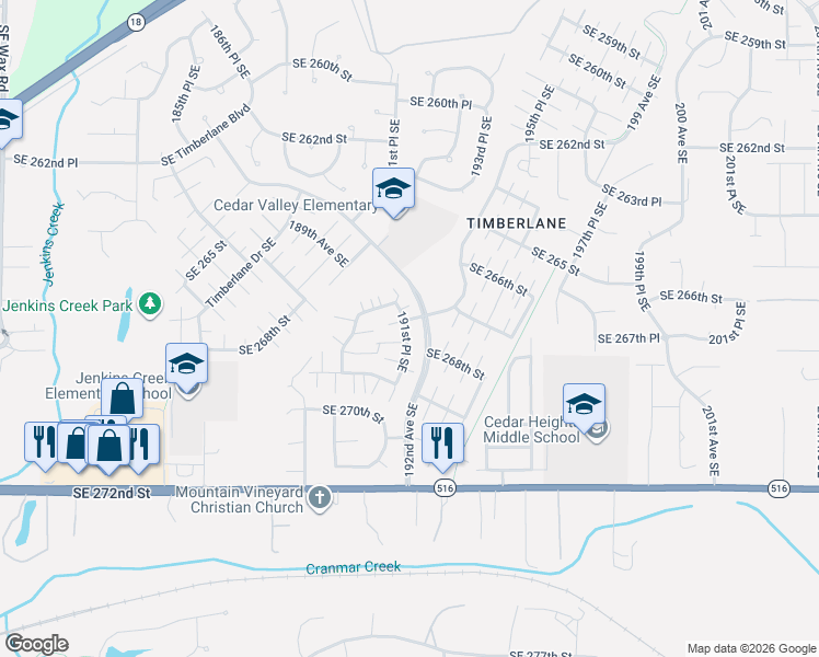 map of restaurants, bars, coffee shops, grocery stores, and more near 26701 191st Place Southeast in Covington