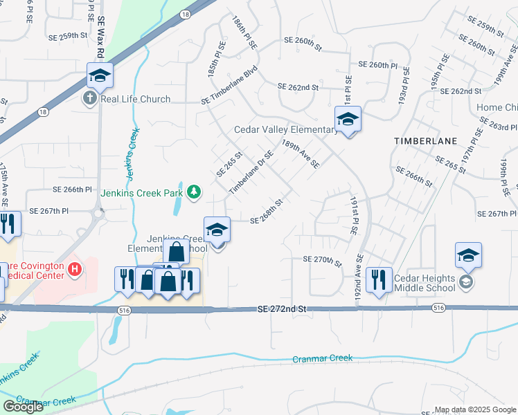 map of restaurants, bars, coffee shops, grocery stores, and more near 18706 Southeast 268th Street in Covington