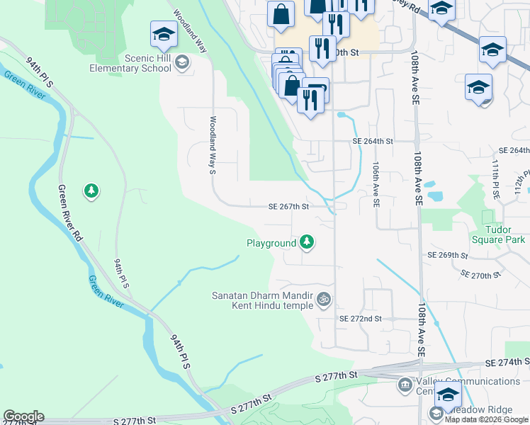 map of restaurants, bars, coffee shops, grocery stores, and more near 10025 Southeast 267th Street in Kent