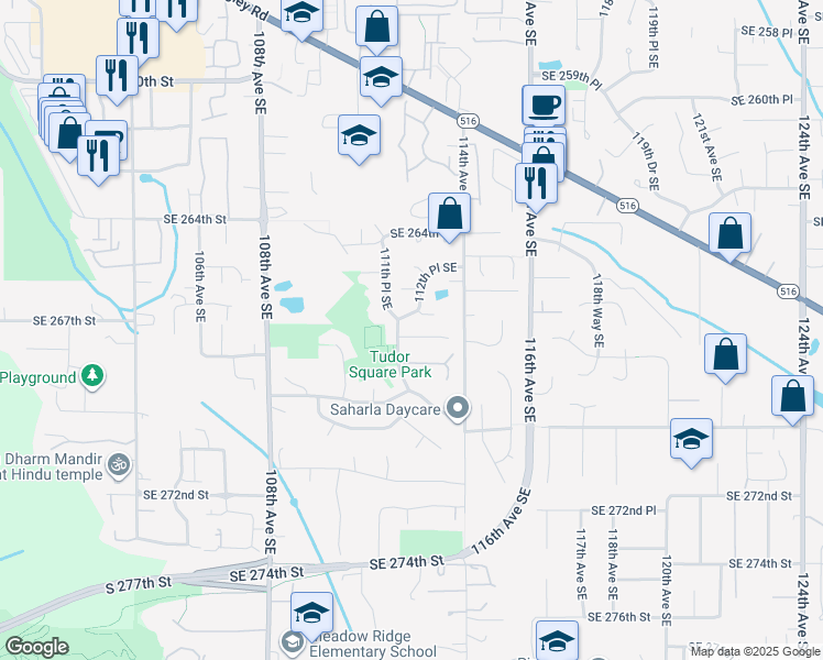 map of restaurants, bars, coffee shops, grocery stores, and more near 11208 SE 267th Pl in Kent