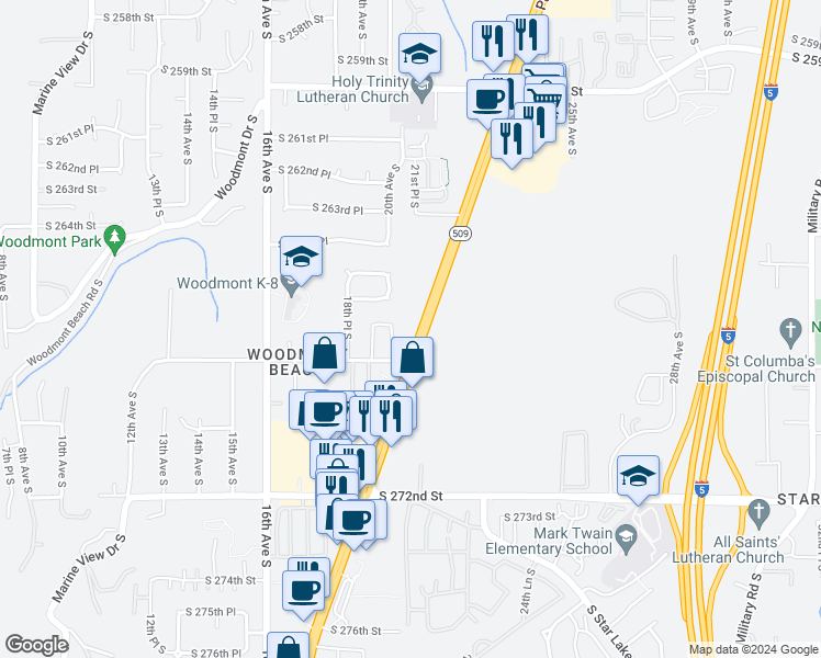 map of restaurants, bars, coffee shops, grocery stores, and more near 26705 Pacific Highway South in Seattle