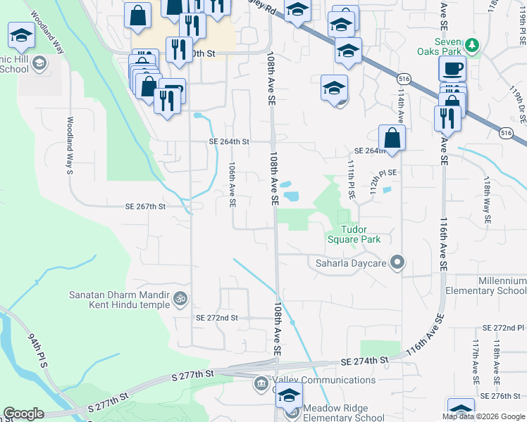 map of restaurants, bars, coffee shops, grocery stores, and more near 26735 108th Avenue Southeast in Kent