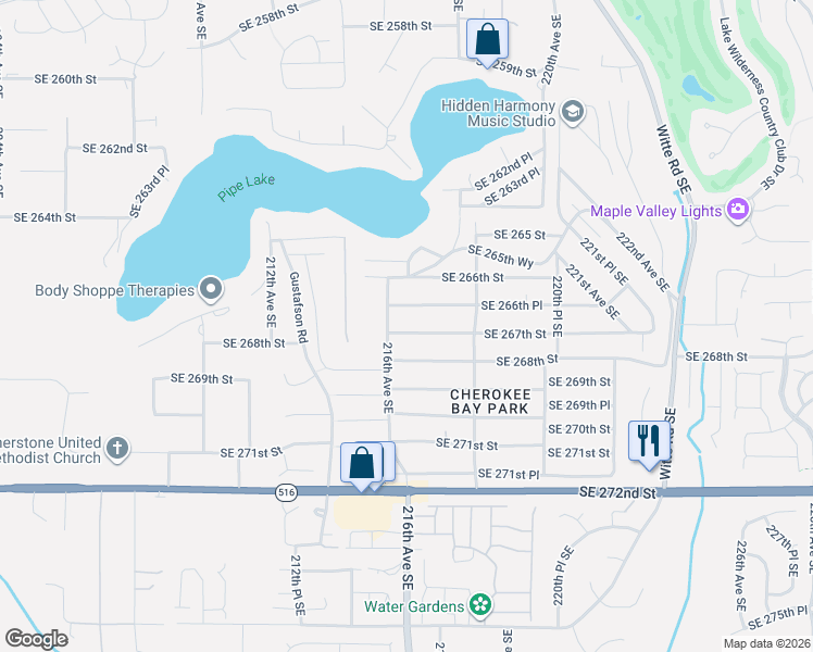 map of restaurants, bars, coffee shops, grocery stores, and more near 21626 Southeast 267th Street in Maple Valley