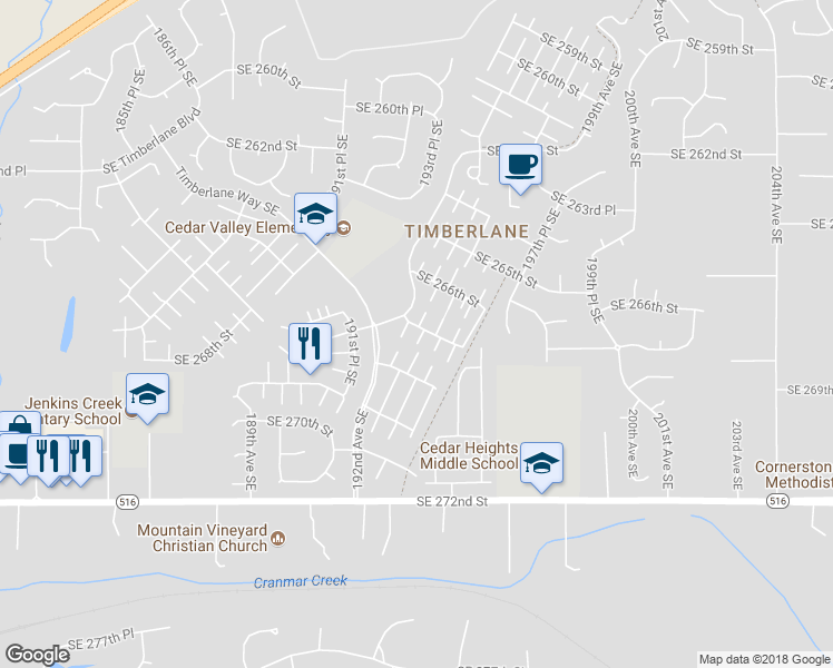 map of restaurants, bars, coffee shops, grocery stores, and more near 19417 Southeast 267th Street in Covington