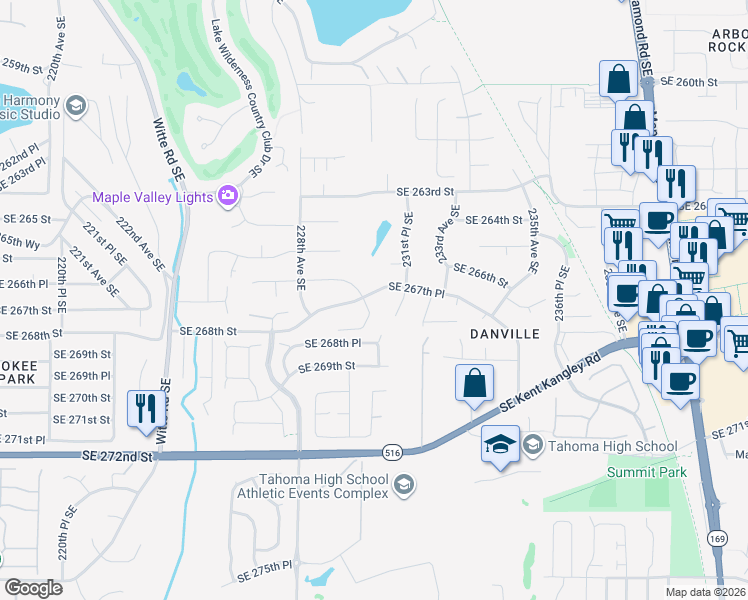 map of restaurants, bars, coffee shops, grocery stores, and more near 23013 Southeast 267th Place in Maple Valley
