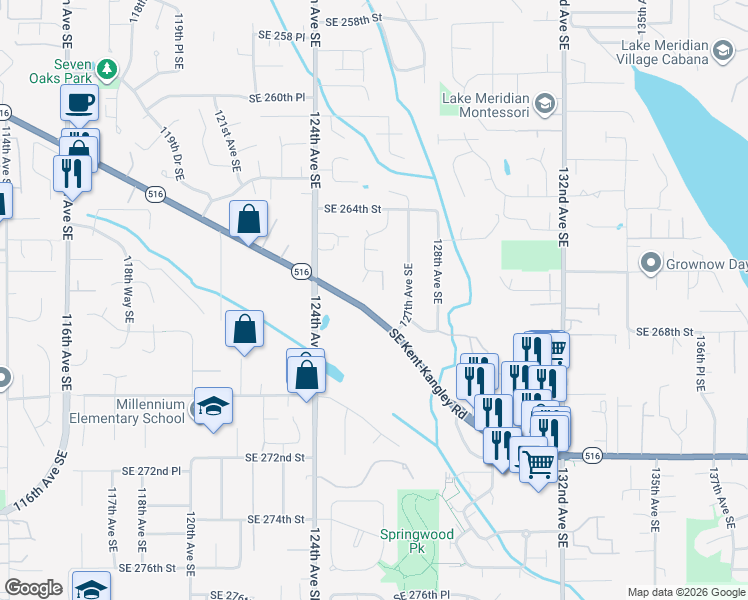 map of restaurants, bars, coffee shops, grocery stores, and more near 12536 Southeast Kent-Kangley Road in Kent