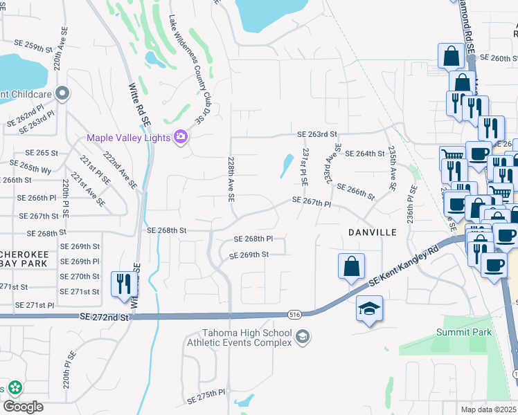 map of restaurants, bars, coffee shops, grocery stores, and more near 22906 Southeast 267th Place in Maple Valley