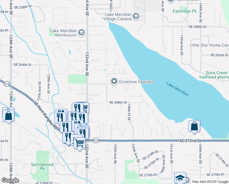 map of restaurants, bars, coffee shops, grocery stores, and more near 26619 135th Avenue Southeast in Kent