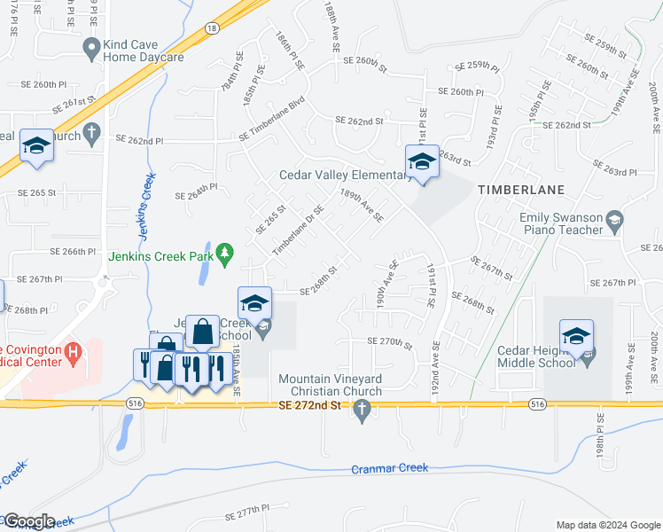 map of restaurants, bars, coffee shops, grocery stores, and more near 18730 Southeast 268th Street in Covington