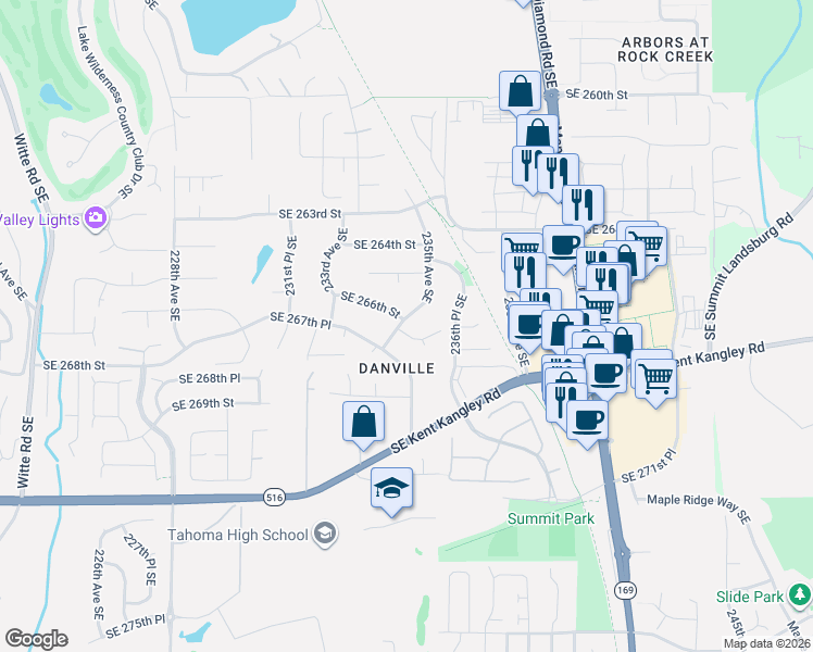 map of restaurants, bars, coffee shops, grocery stores, and more near 23402 Southeast 267th Street in Maple Valley