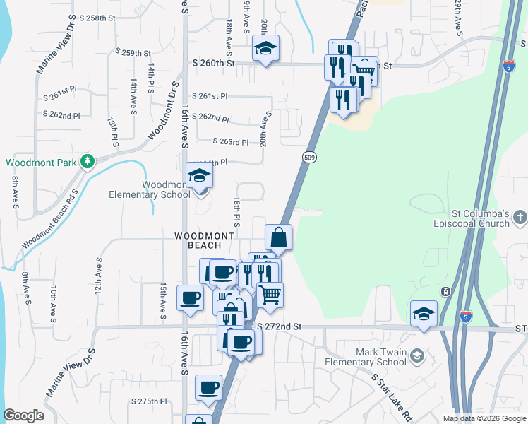 map of restaurants, bars, coffee shops, grocery stores, and more near 26613 19th Avenue South in Des Moines