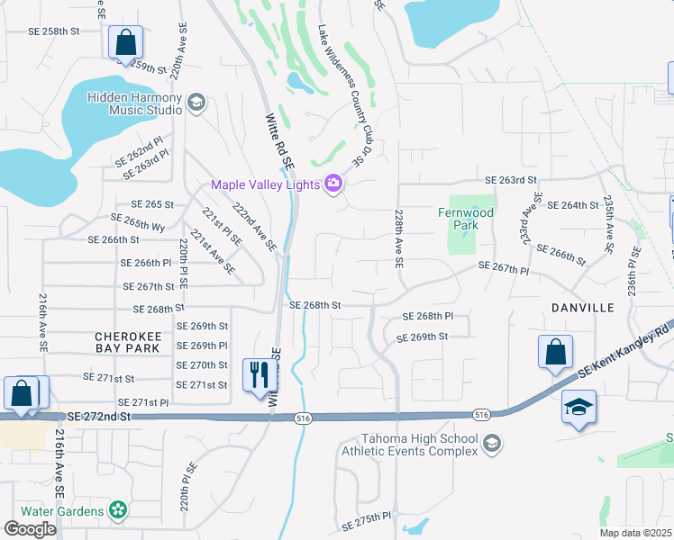 map of restaurants, bars, coffee shops, grocery stores, and more near 22520 Southeast 267th Street in Maple Valley