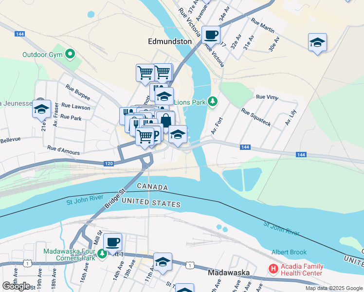 map of restaurants, bars, coffee shops, grocery stores, and more near 1 ch Canada in Edmundston
