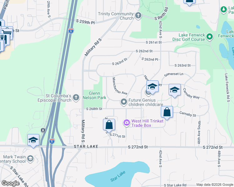 map of restaurants, bars, coffee shops, grocery stores, and more near 26607 Manchester Court in Kent