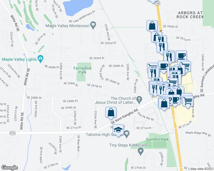 map of restaurants, bars, coffee shops, grocery stores, and more near 23312 Southeast 267th Place in Maple Valley