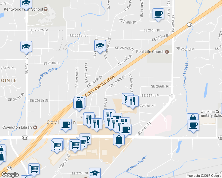 map of restaurants, bars, coffee shops, grocery stores, and more near 17211 Southeast 265th Street in Covington