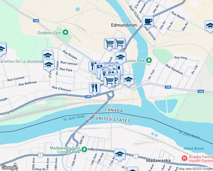 map of restaurants, bars, coffee shops, grocery stores, and more near 22 Rue Hill in Edmundston