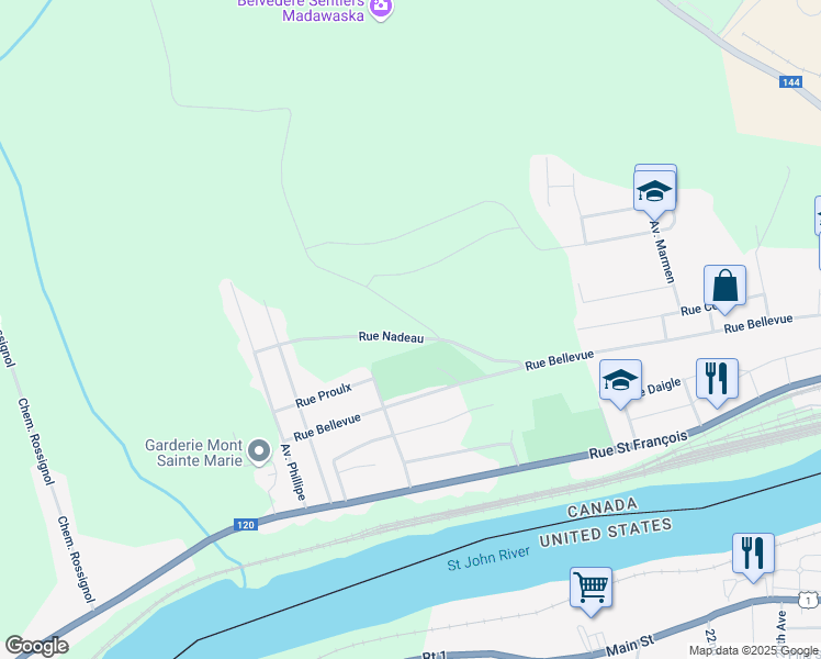 map of restaurants, bars, coffee shops, grocery stores, and more near 53 Rue Nadeau in Edmundston