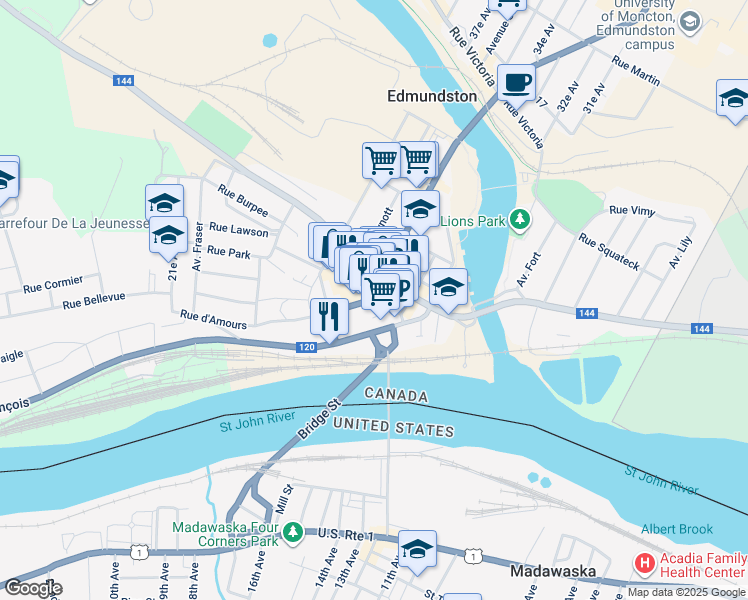 map of restaurants, bars, coffee shops, grocery stores, and more near 23 Rue Hill in Edmundston